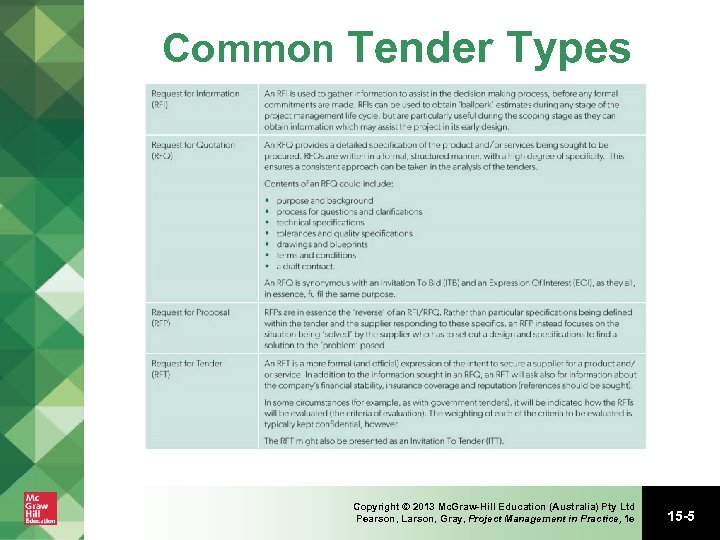 Common Tender Types Copyright © 2013 Mc. Graw-Hill Education (Australia) Pty Ltd Pearson, Larson,