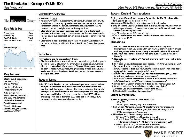 The Blackstone Group (NYSE: BX) New York, NY www. blackstone. com 29 th Floor,