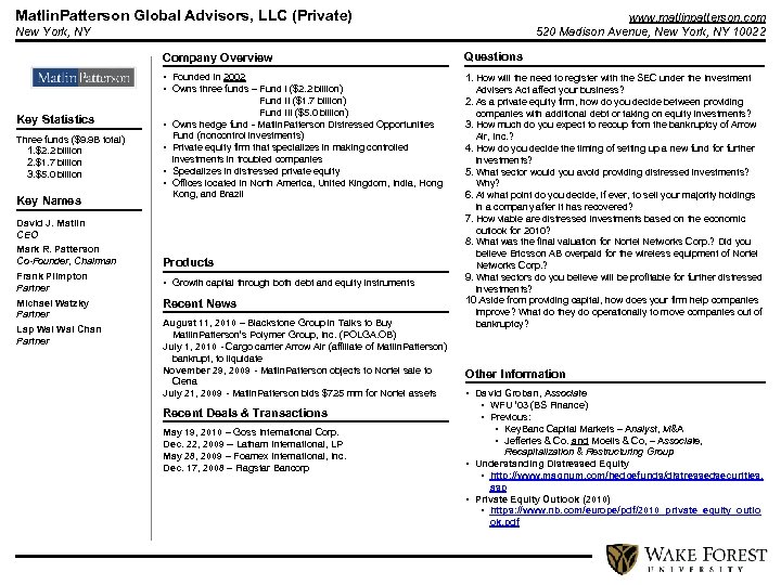 Matlin. Patterson Global Advisors, LLC (Private) www. matlinpatterson. com 520 Madison Avenue, New York,