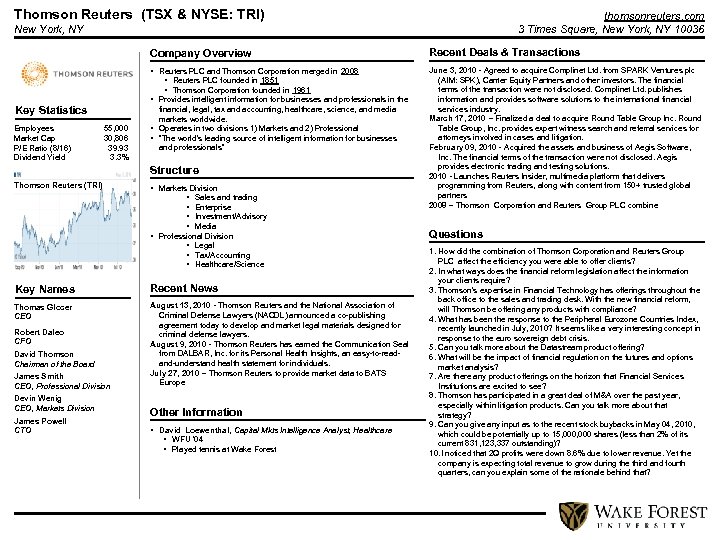 Thomson Reuters (TSX & NYSE: TRI) thomsonreuters. com 3 Times Square, New York, NY