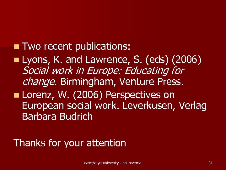 n Two recent publications: n Lyons, K. and Lawrence, S. (eds) (2006) Social work