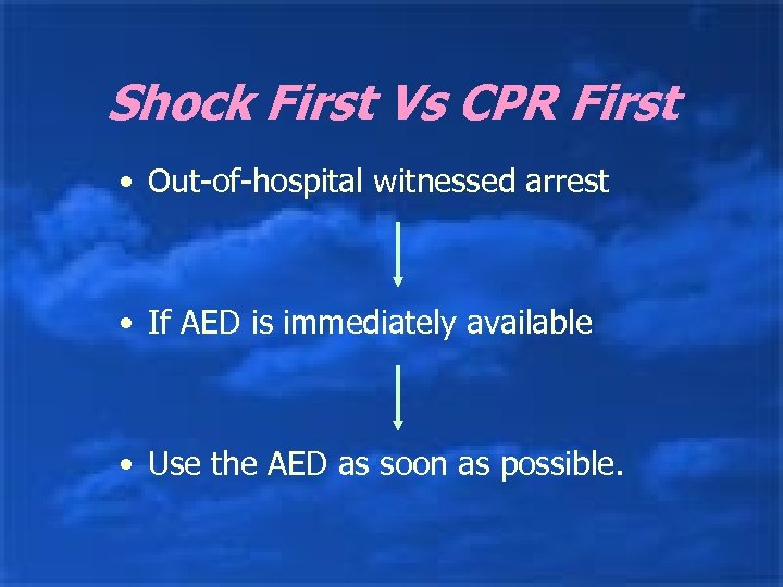 Shock First Vs CPR First • Out-of-hospital witnessed arrest • If AED is immediately