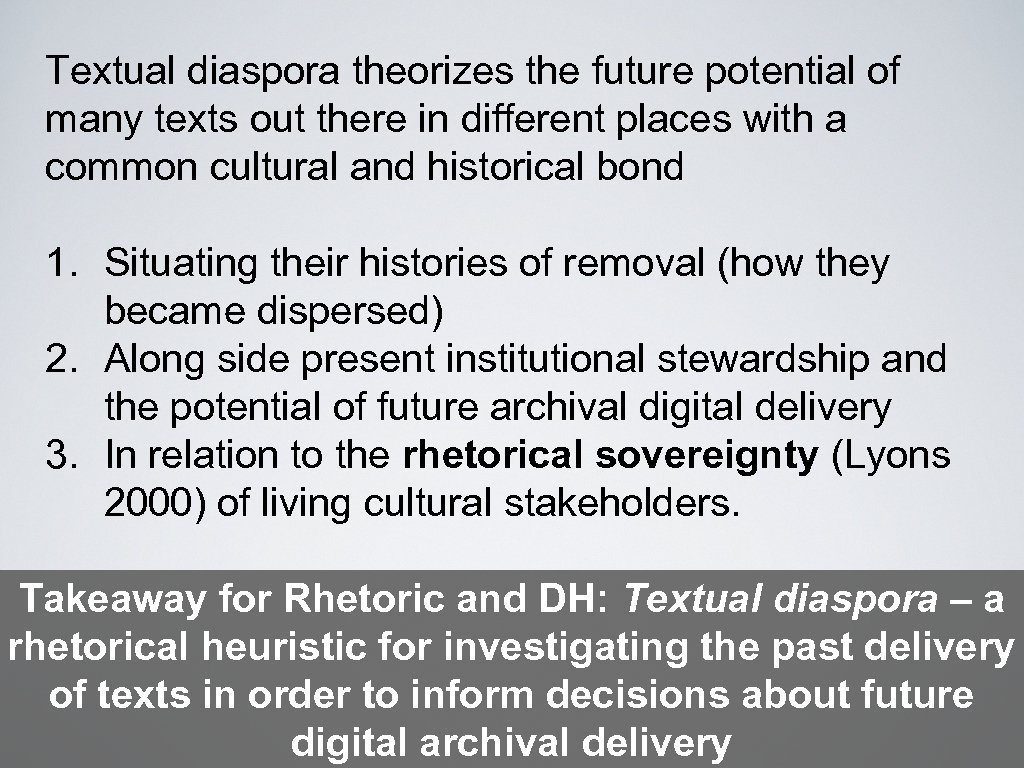 Textual diaspora theorizes the future potential of many texts out there in different places