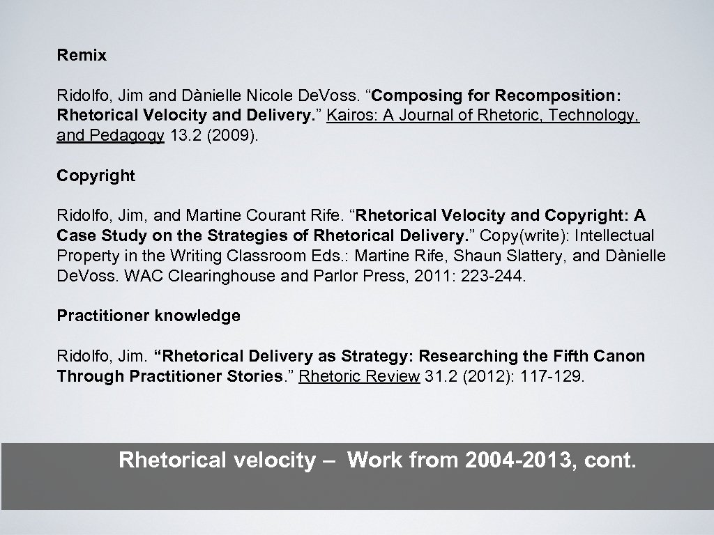 Remix Ridolfo, Jim and Dànielle Nicole De. Voss. “Composing for Recomposition: Rhetorical Velocity and