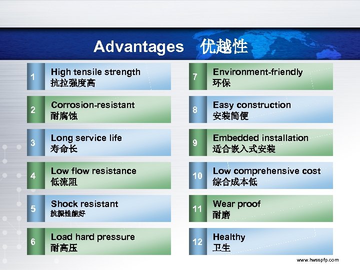 Advantages　优越性 1 High tensile strength 抗拉强度高 7 Environment-friendly 环保 2 Corrosion-resistant 耐腐蚀 8 Easy