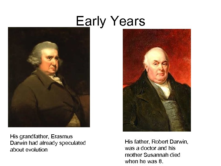 Early Years His grandfather, Erasmus Darwin had already speculated about evolution His father, Robert