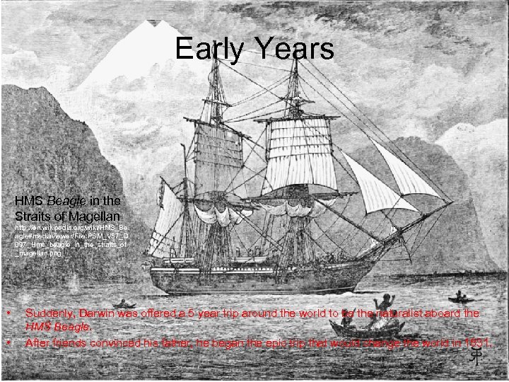 Early Years HMS Beagle in the Straits of Magellan http: //en. wikipedia. org/wiki/HMS_Be agle#mediaviewer/File: