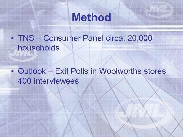 Method • TNS – Consumer Panel circa. 20, 000 households • Outlook – Exit