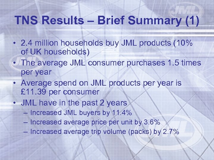 TNS Results – Brief Summary (1) • 2. 4 million households buy JML products