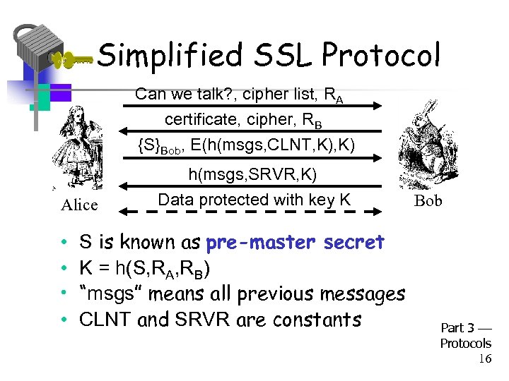 Simplified SSL Protocol Can we talk? , cipher list, RA certificate, cipher, RB {S}Bob,