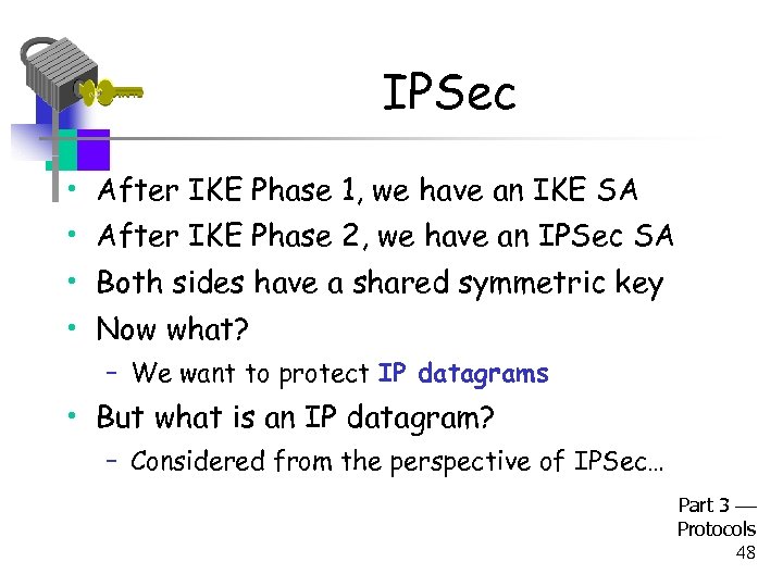 IPSec • After IKE Phase 1, we have an IKE SA • After IKE