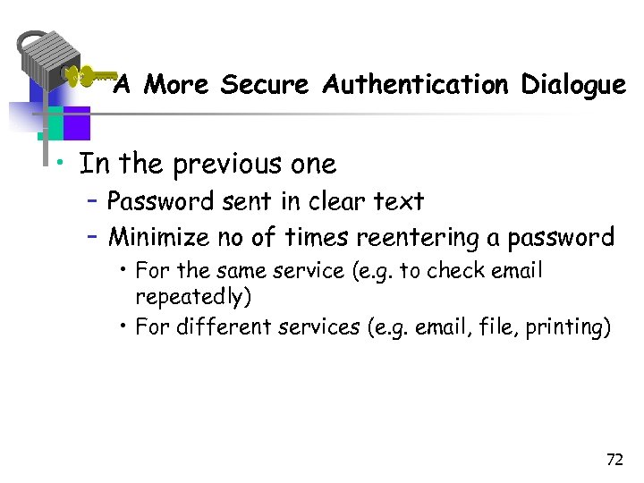 A More Secure Authentication Dialogue • In the previous one – Password sent in