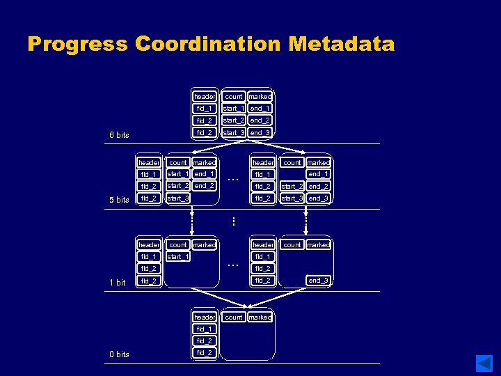 Progress Coordination Metadata header fld_1 start_1 end_1 fld_2 start_2 end_2 fld_2 6 bits count