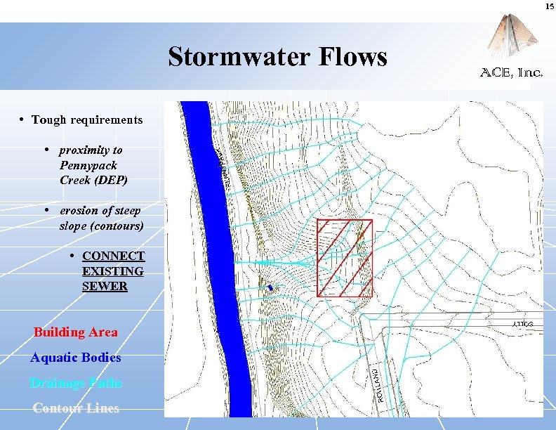 15 Stormwater Flows • Tough requirements • proximity to Pennypack Creek (DEP) • erosion