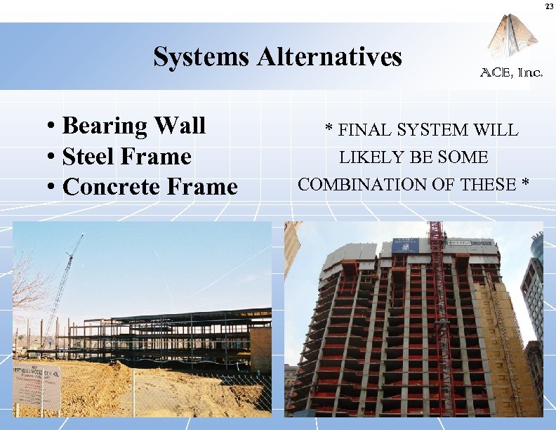 23 Systems Alternatives • Bearing Wall • Steel Frame • Concrete Frame ACE, Inc.