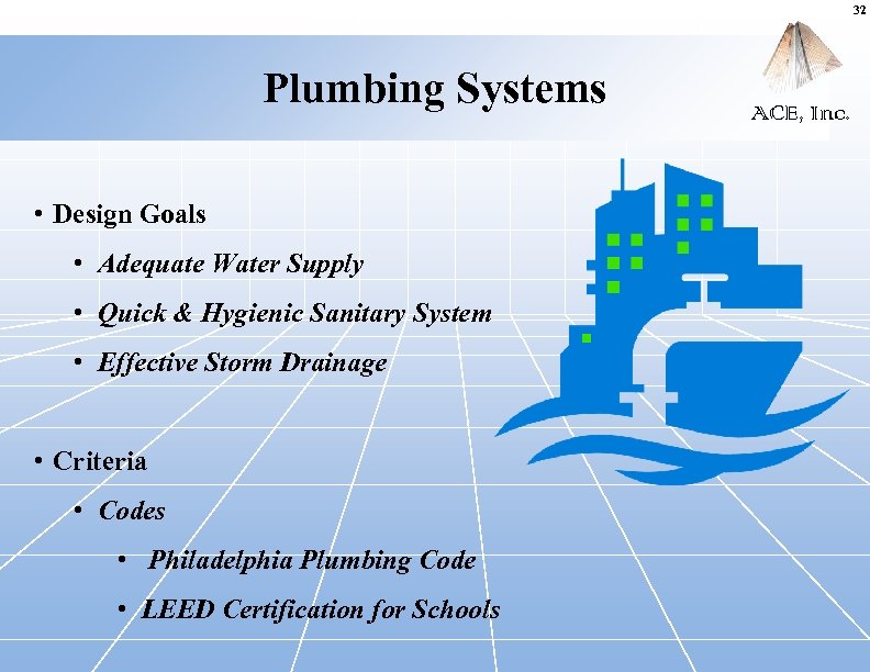 32 Plumbing Systems • Design Goals • Adequate Water Supply • Quick & Hygienic