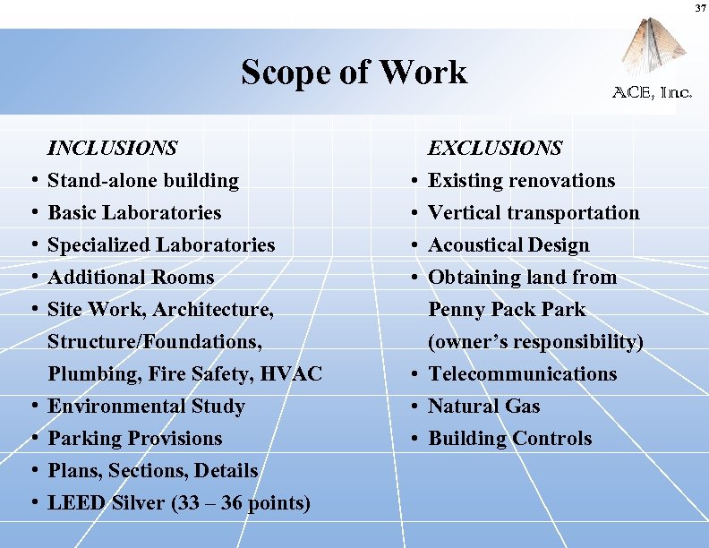 37 Scope of Work INCLUSIONS • • • Stand-alone building Basic Laboratories Specialized Laboratories