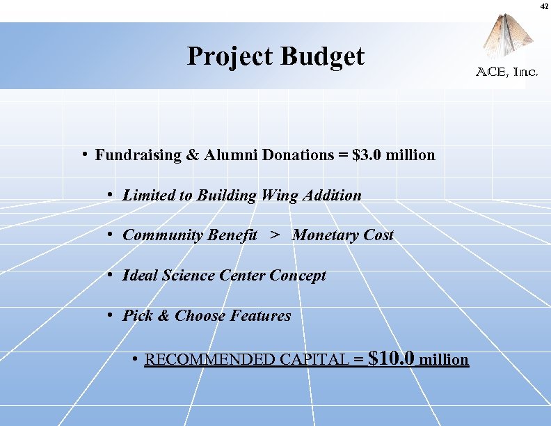 42 Project Budget • Fundraising & Alumni Donations = $3. 0 million • Limited