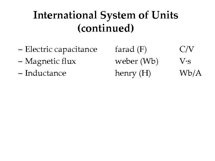 International System of Units (continued) – Electric capacitance – Magnetic flux – Inductance farad