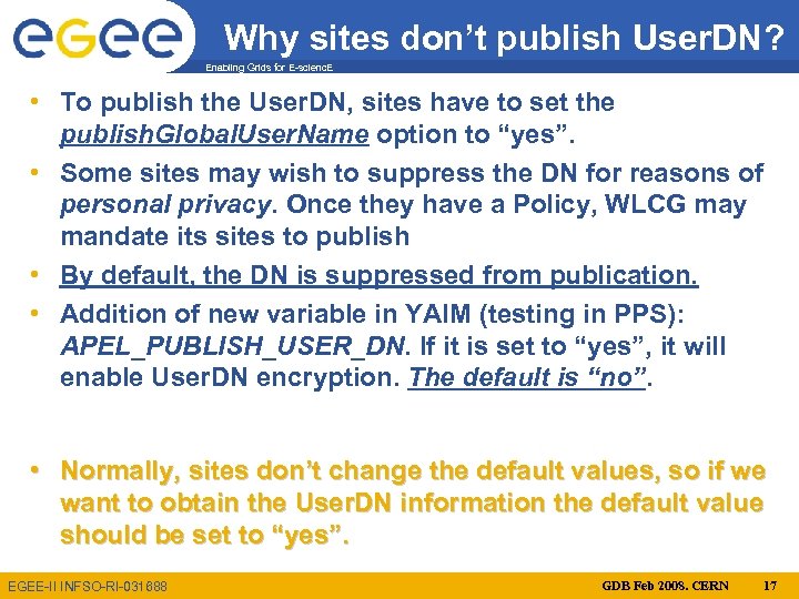 Why sites don’t publish User. DN? Enabling Grids for E-scienc. E • To publish