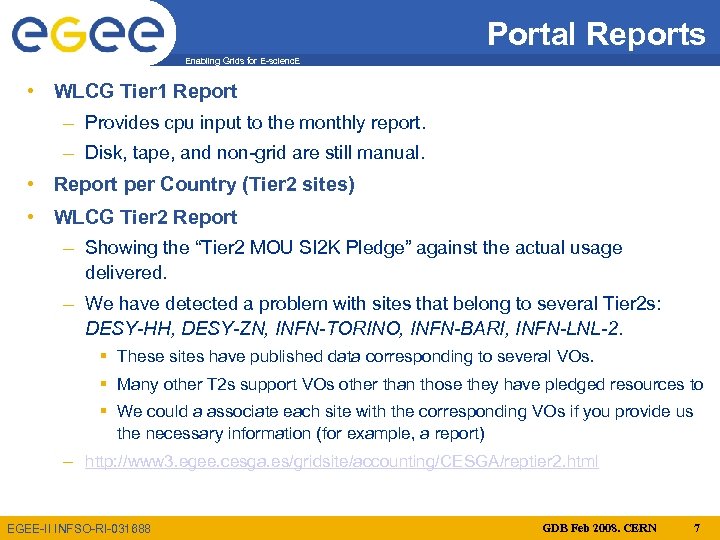 Portal Reports Enabling Grids for E-scienc. E • WLCG Tier 1 Report – Provides