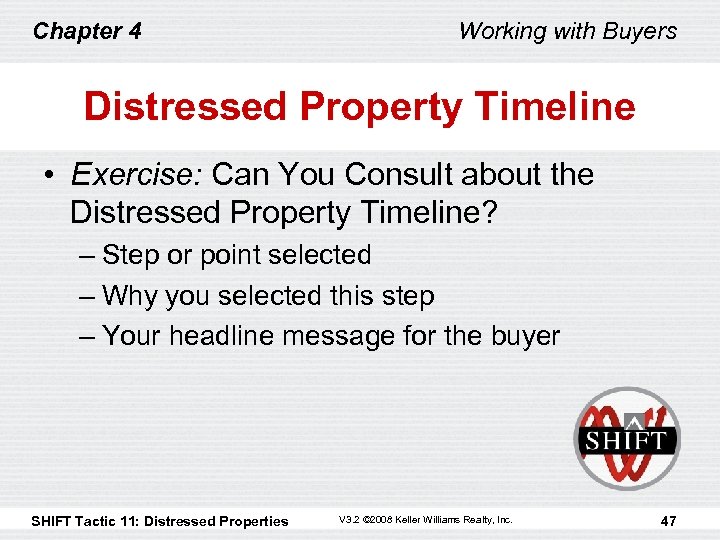 Chapter 4 Working with Buyers Distressed Property Timeline • Exercise: Can You Consult about