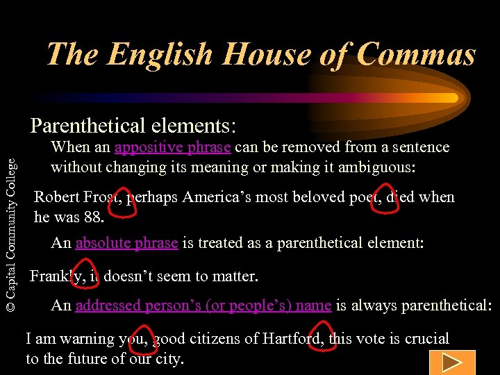The English House of Commas © Capital Community College Parenthetical elements: When an appositive