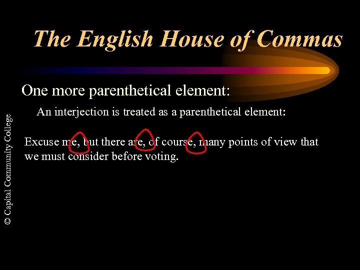 The English House of Commas © Capital Community College One more parenthetical element: An