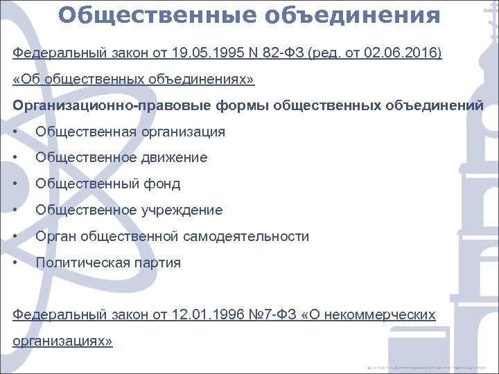 Общественные объединения Федеральный закон от 19. 05. 1995 N 82 -ФЗ (ред. от 02.