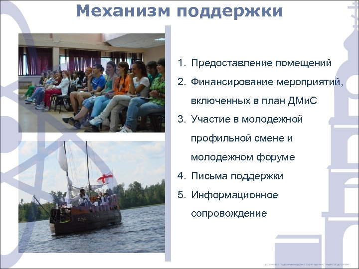 Механизм поддержки 1. Предоставление помещений 2. Финансирование мероприятий, включенных в план ДМи. С 3.