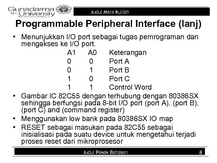 Judul Mata Kuliah Programmable Peripheral Interface (lanj) • Menunjukkan I/O port sebagai tugas pemrograman