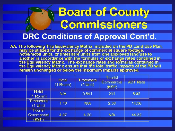 Board of County Commissioners DRC Conditions of Approval Cont’d. AA. The following Trip Equivalency