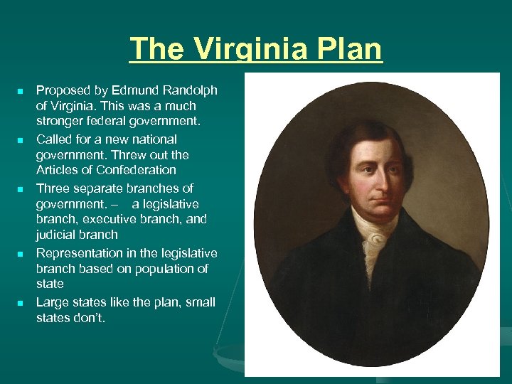 The Virginia Plan n n Proposed by Edmund Randolph of Virginia. This was a