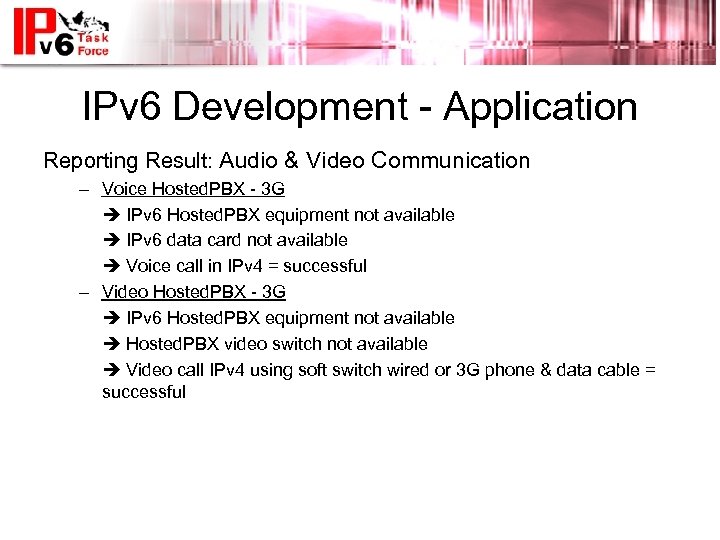 IPv 6 Development - Application Reporting Result: Audio & Video Communication – Voice Hosted.