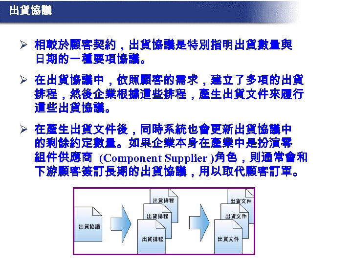 出貨協議 Ø 相較於顧客契約，出貨協議是特別指明出貨數量與 日期的一種要項協議。 Ø 在出貨協議中，依照顧客的需求，建立了多項的出貨 排程，然後企業根據這些排程，產生出貨文件來履行 這些出貨協議。 Ø 在產生出貨文件後，同時系統也會更新出貨協議中 的剩餘約定數量。如果企業本身在產業中是扮演零 組件供應商 (Component Supplier