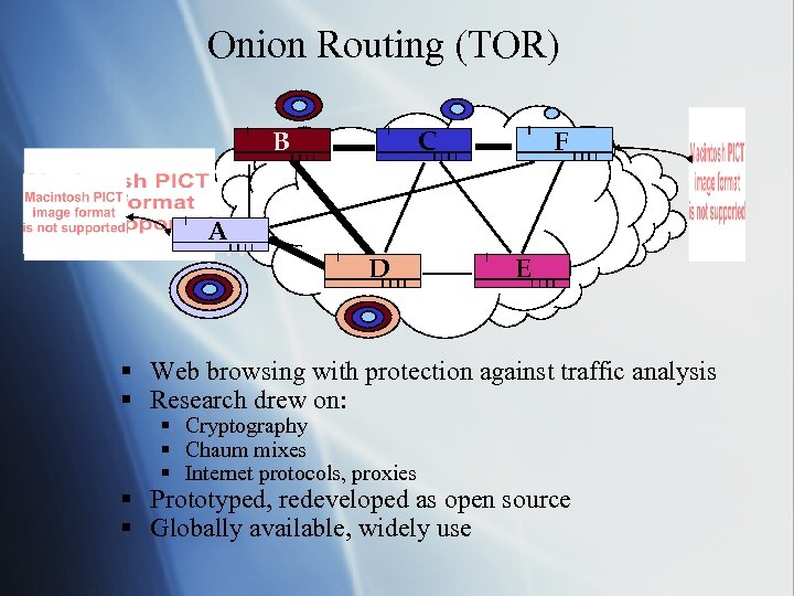 Onion Routing (TOR) B A W C D F E § Web browsing with