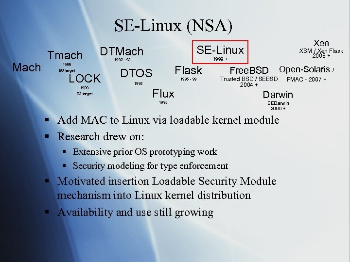 SE-Linux (NSA) Mach Tmach 1988 B 3 target 1989 B 3 target SE-Linux DTMach