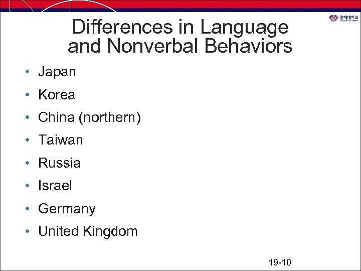 Differences in Language and Nonverbal Behaviors • Japan • Korea • China (northern) •