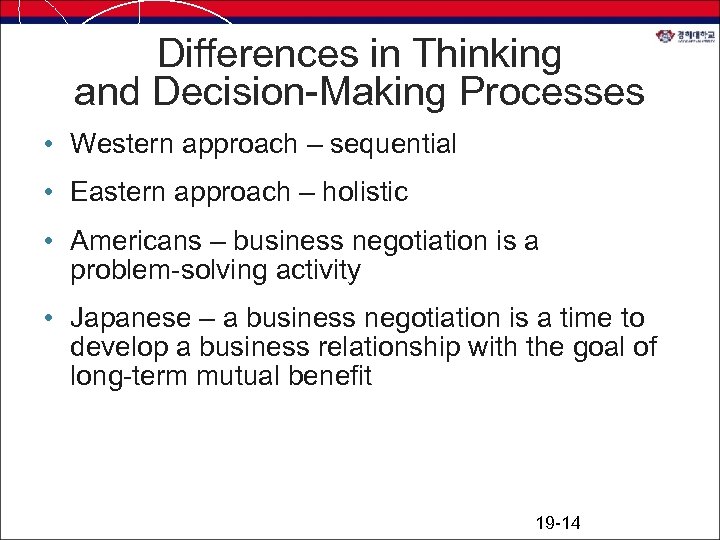 Differences in Thinking and Decision-Making Processes • Western approach – sequential • Eastern approach