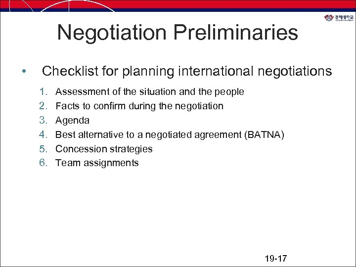 Negotiation Preliminaries • Checklist for planning international negotiations 1. 2. 3. 4. 5. 6.