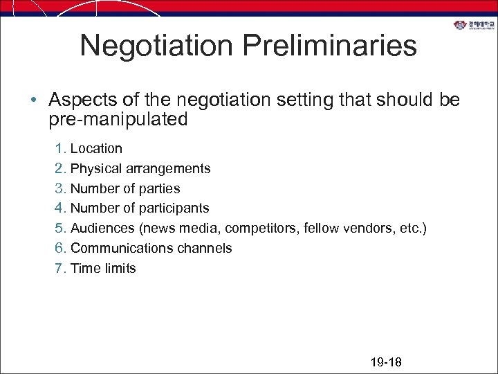 Negotiation Preliminaries • Aspects of the negotiation setting that should be pre-manipulated 1. Location
