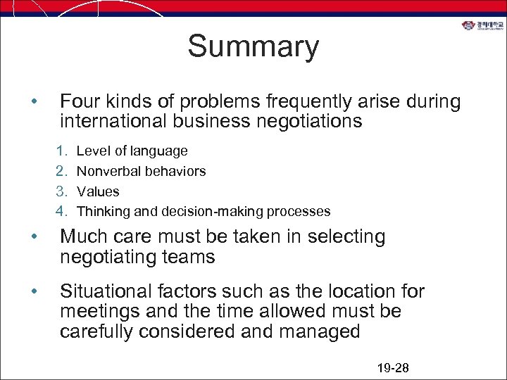 Summary • Four kinds of problems frequently arise during international business negotiations 1. 2.