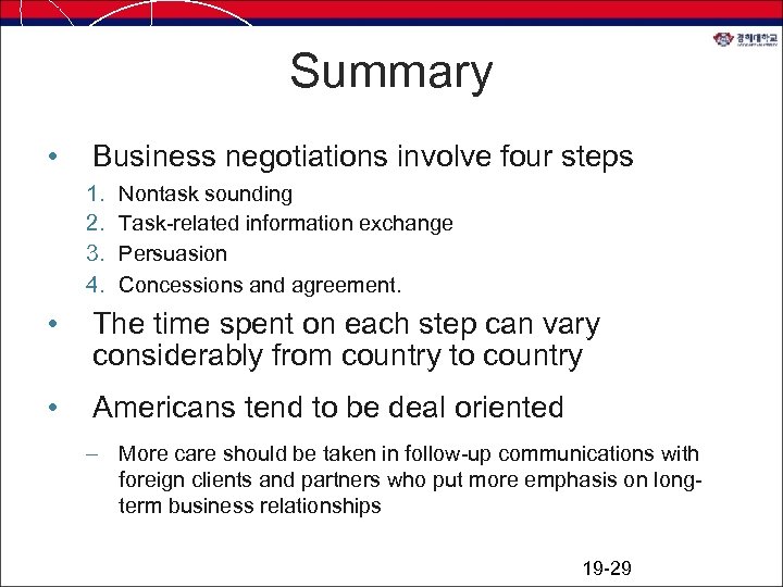 Summary • Business negotiations involve four steps 1. 2. 3. 4. Nontask sounding Task-related