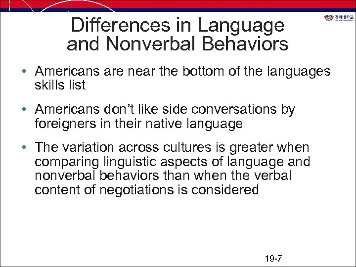 Differences in Language and Nonverbal Behaviors • Americans are near the bottom of the