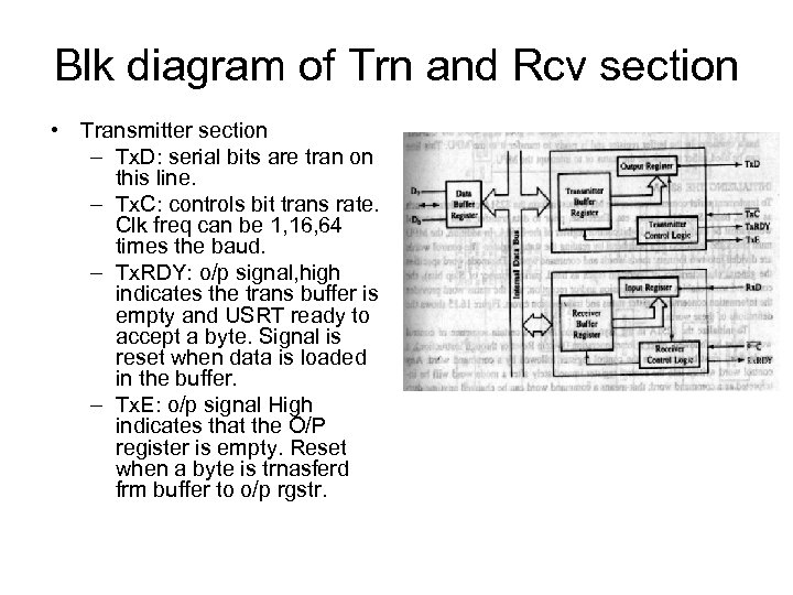 Blk diagram of Trn and Rcv section • Transmitter section – Tx. D: serial