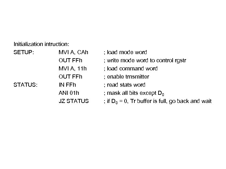 Initialization intruction: SETUP: MVI A, CAh OUT FFh MVI A, 11 h OUT FFh