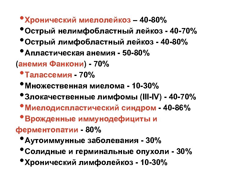  • Хронический миелолейкоз – 40 -80% • Острый нелимфобластный лейкоз - 40 -70%