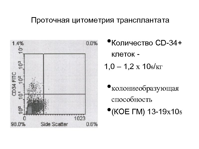 Проточная цитометрия трансплантата • Количество CD-34+ клеток 1, 0 – 1, 2 х 106/кг
