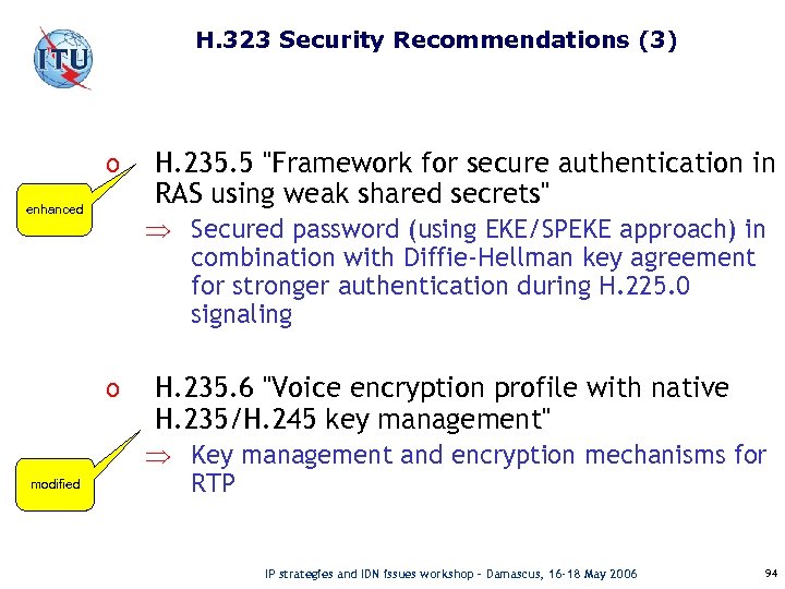 H. 323 Security Recommendations (3) o enhanced Þ Secured password (using EKE/SPEKE approach) in