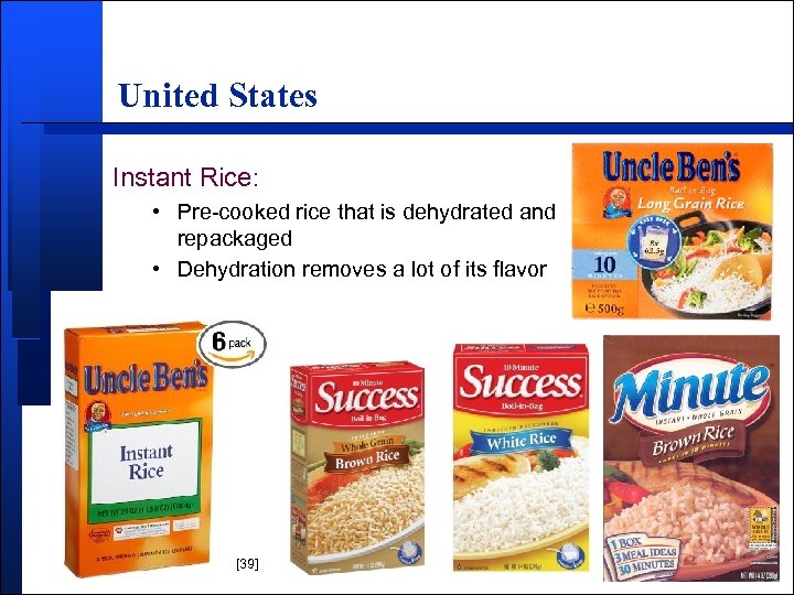 United States Instant Rice: • Pre-cooked rice that is dehydrated and repackaged • Dehydration